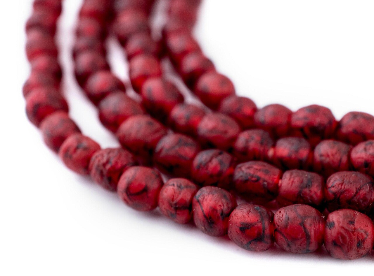 The Bead Chest African Recycled Glass Beads – Handmade in Ghana – Red Black Swirl 7mm Strand for Jewelry Making, Crafts, and Home Decor I Approximately 65-70 Beads